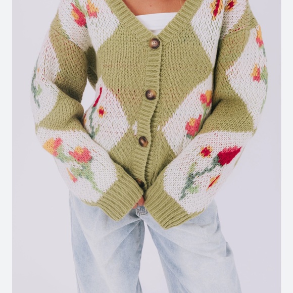 Floral Knit Button-Up Sweater - Green - Picture 1 of 2